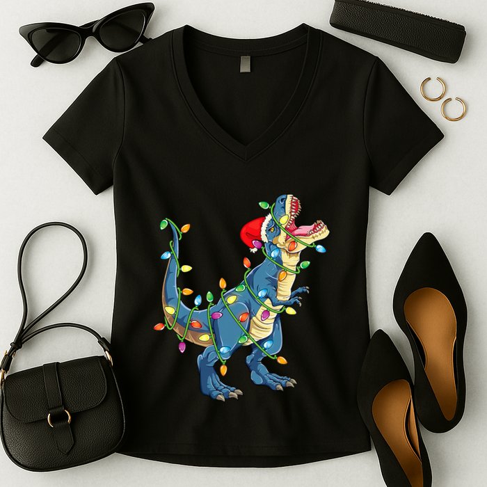 Christmas Tree Lights Funny T Rex Women's V-Neck T-Shirt