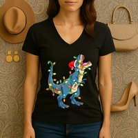 Christmas Tree Lights Funny T Rex Women's V-Neck T-Shirt