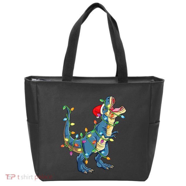 Christmas Tree Lights Funny T Rex Zip Tote Bag