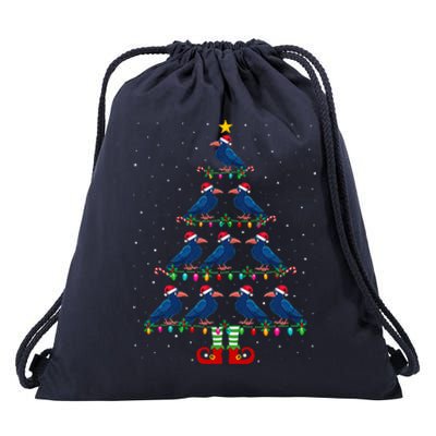 Christmas Tree Lights Santa Hat Elf Crow Drawstring Bag