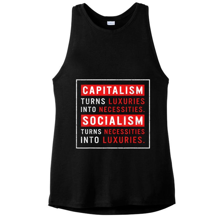 Capitalism Turns Luxuries Into Necessities Socialism Turns Necessities Into Luxuries Ladies PosiCharge Tri-Blend Wicking Tank