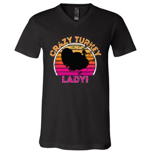 Crazy Turkey Lady Funny Retro Turkey V-Neck T-Shirt