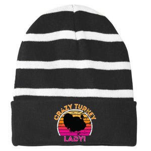 Crazy Turkey Lady Funny Retro Turkey Striped Beanie with Solid Band