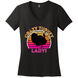 Crazy Turkey Lady Funny Retro Turkey Women's V-Neck T-Shirt