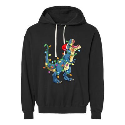 Christmas Tree Lights Funny T Rex Garment-Dyed Fleece Hoodie