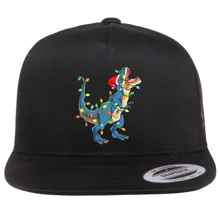 Christmas Tree Lights Funny T Rex Flat Bill Trucker Hat