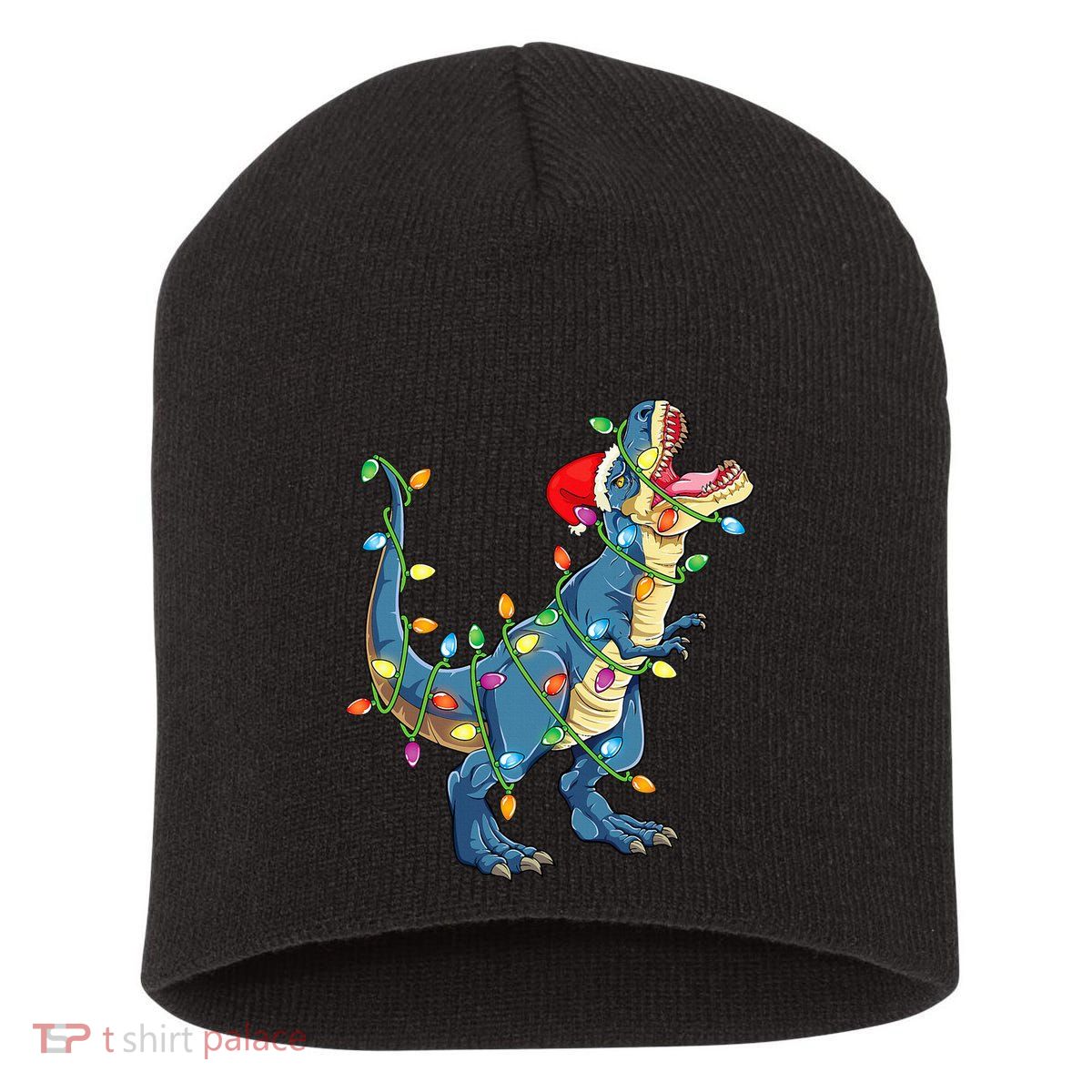 Christmas Tree Lights Funny T Rex Short Acrylic Beanie