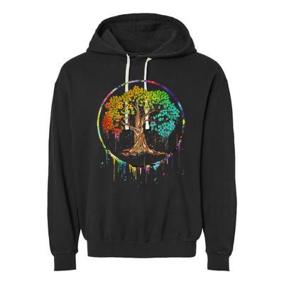 Colorful Tree Life Is Really Good Tree Art Watercolor Circle Garment-Dyed Fleece Hoodie