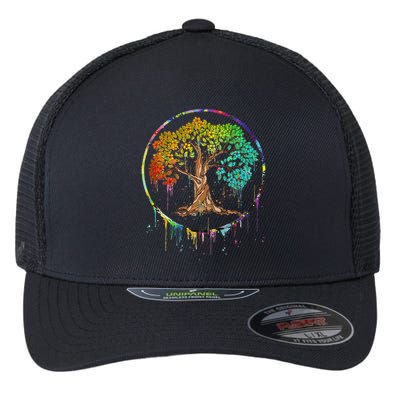 Colorful Tree Life Is Really Good Tree Art Watercolor Circle Flexfit Unipanel Trucker Cap