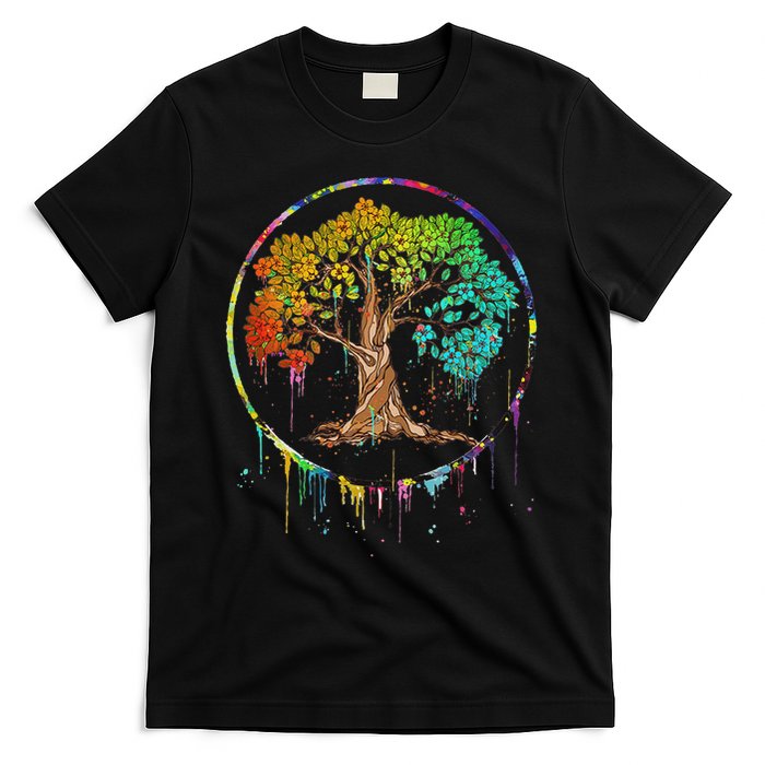 Colorful Tree Life Is Really Good Tree Art Watercolor Circle T-Shirt