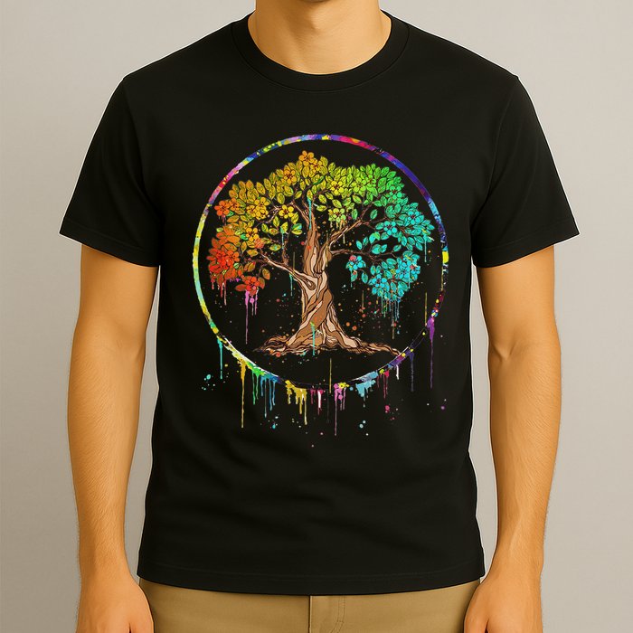 Colorful Tree Life Is Really Good Tree Art Watercolor Circle T-Shirt