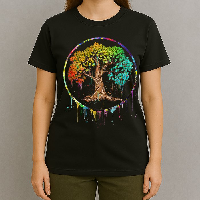 Colorful Tree Life Is Really Good Tree Art Watercolor Circle T-Shirt
