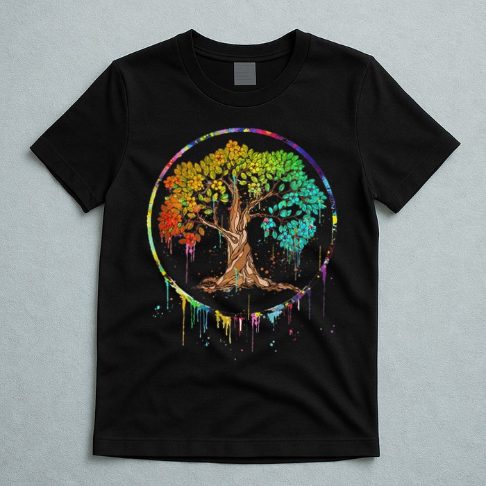 Colorful Tree Life Is Really Good Tree Art Watercolor Circle T-Shirt