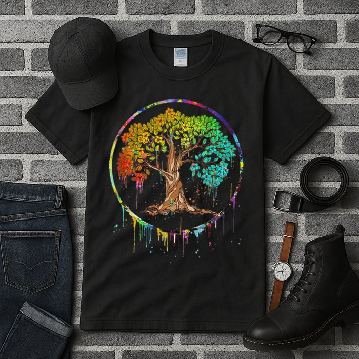 Colorful Tree Life Is Really Good Tree Art Watercolor Circle Tall T-Shirt