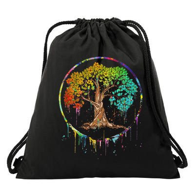 Colorful Tree Life Is Really Good Tree Art Watercolor Circle Drawstring Bag