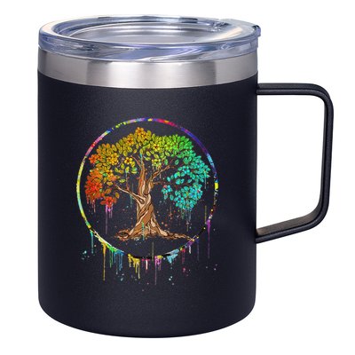 Colorful Tree Life Is Really Good Tree Art Watercolor Circle 12oz Stainless Steel Coffee Mug