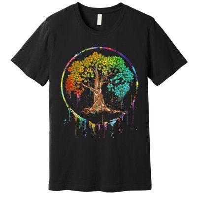 Colorful Tree Life Is Really Good Tree Art Watercolor Circle Premium T-Shirt