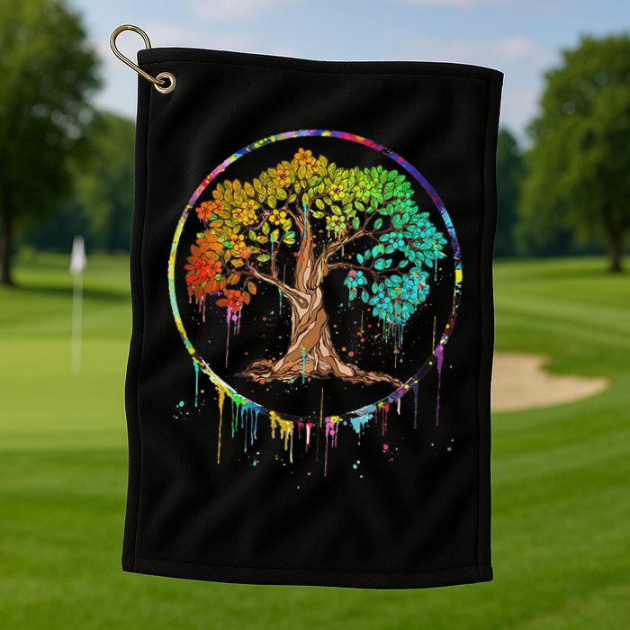 Colorful Tree Life Is Really Good Tree Art Watercolor Circle Golf Towel