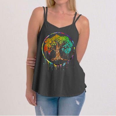 Colorful Tree Life Is Really Good Tree Art Watercolor Circle Women's Strappy Tank