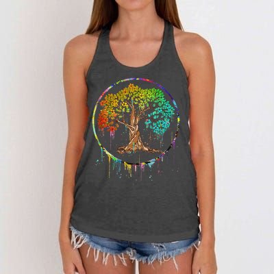 Colorful Tree Life Is Really Good Tree Art Watercolor Circle Women's Knotted Racerback Tank
