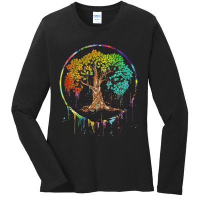 Colorful Tree Life Is Really Good Tree Art Watercolor Circle Ladies Long Sleeve Shirt