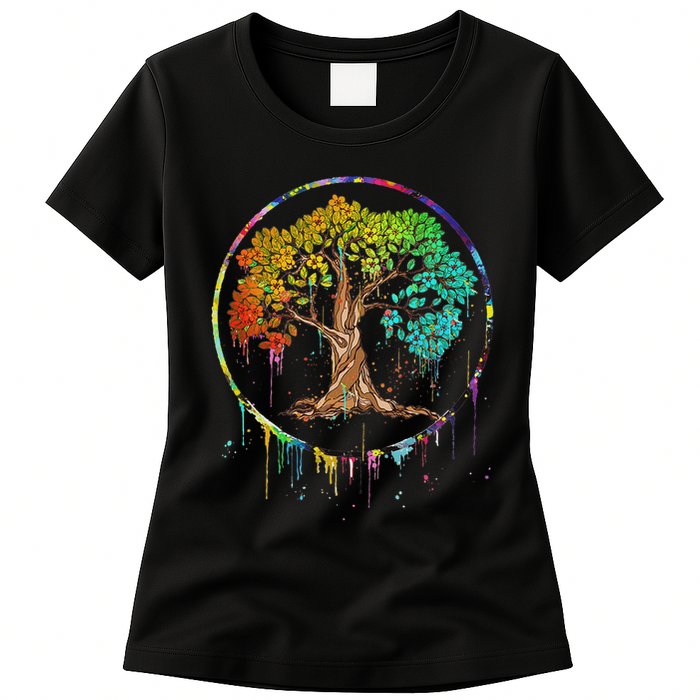 Colorful Tree Life Is Really Good Tree Art Watercolor Circle Womens T-Shirt