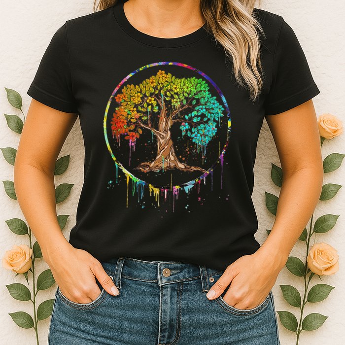 Colorful Tree Life Is Really Good Tree Art Watercolor Circle Womens T-Shirt
