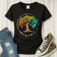 Colorful Tree Life Is Really Good Tree Art Watercolor Circle Womens T-Shirt