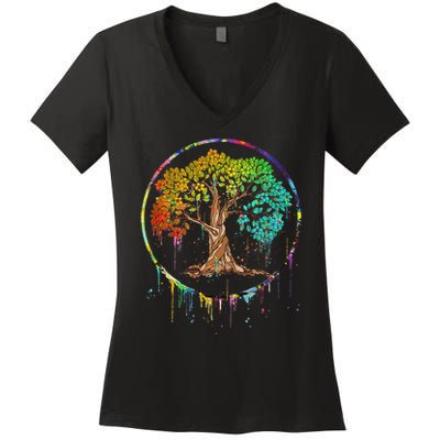 Colorful Tree Life Is Really Good Tree Art Watercolor Circle Women's V-Neck T-Shirt