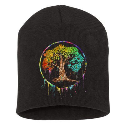 Colorful Tree Life Is Really Good Tree Art Watercolor Circle Short Acrylic Beanie