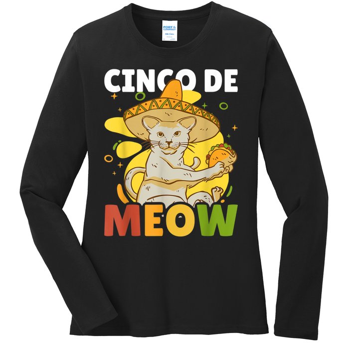 Cinco The Meow With Cat For Cinco De Mayo Ladies Long Sleeve Shirt