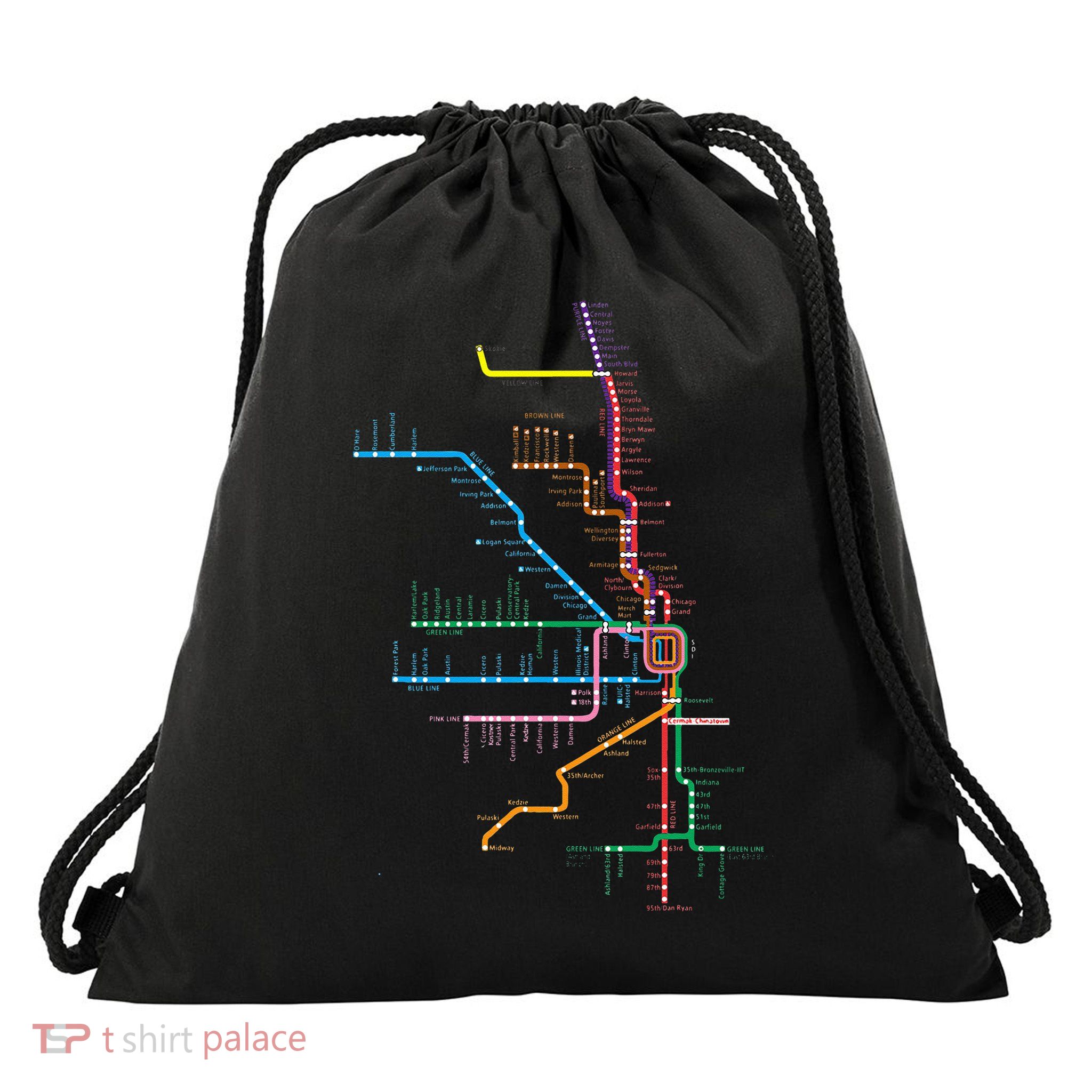 Chicago Trains Map Drawstring Bag