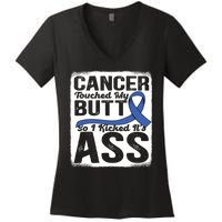 Cancer Touched My Butt So I Kicked Its Ass Colon Cancer Women's V-Neck T-Shirt