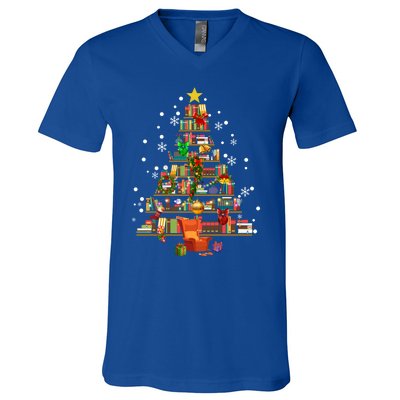 Christmas Tree Made Of Books Book Tree Bookworm Christmas Meaningful Gift V-Neck T-Shirt