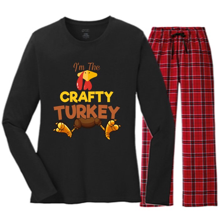 Crafty Turkey Matching Family Group Thanksgiving Gifts  Women's Long Sleeve Flannel Pajama Set 