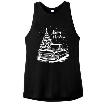 C10 Truck Merry Christmas Vintage Truck Christmas Holiday Tank Top Ladies PosiCharge Tri-Blend Wicking Tank