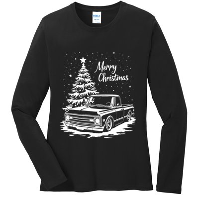 C10 Truck Merry Christmas Vintage Truck Christmas Holiday Tank Top Ladies Long Sleeve Shirt