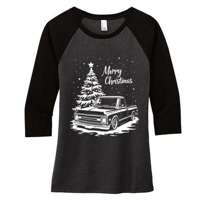 C10 Truck Merry Christmas Vintage Truck Christmas Holiday Tank Top Women's Tri-Blend 3/4-Sleeve Raglan Shirt