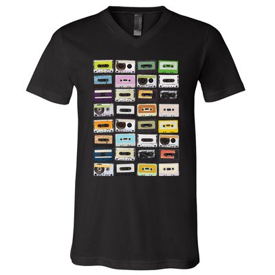 Cassette Tapes Mixtapes 1980s Radio Music Graphic Print V-Neck T-Shirt