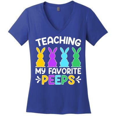 Cute Teaching My Favorite Peeps Happy Easter Day Teacher Women's V-Neck T-Shirt