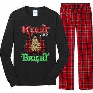 Christmas Trees Merry And Bright Xmas Leopard Buffalo Plaid Vneck Long Sleeve Pajama Set