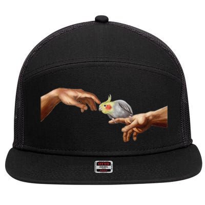 Cockatiel Touch Michelangelo Birb Parrot Hand Scritch 7 Panel Mesh Trucker Snapback Hat