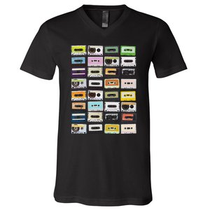 Cassette Tapes Mixtapes 1980s Radio Music Graphic Print V-Neck T-Shirt