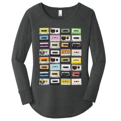 Cassette Tapes Mixtapes 1980s Radio Music Graphic Print Women's Perfect Tri Tunic Long Sleeve Shirt