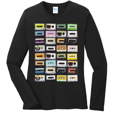 Cassette Tapes Mixtapes 1980s Radio Music Graphic Print Ladies Long Sleeve Shirt