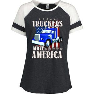 Cool Truckers Move America Semi Truck Distressed Flag Enza Ladies Jersey Colorblock Tee