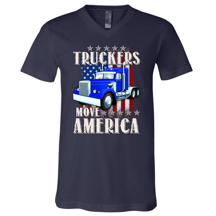 Cool Truckers Move America Semi Truck Distressed Flag V-Neck T-Shirt