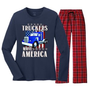 Cool Truckers Move America Semi Truck Distressed Flag Women's Long Sleeve Flannel Pajama Set 