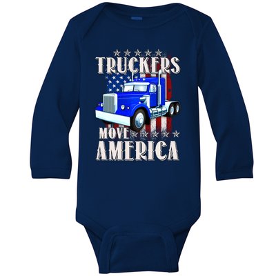 Cool Truckers Move America Semi Truck Distressed Flag Baby Long Sleeve Bodysuit