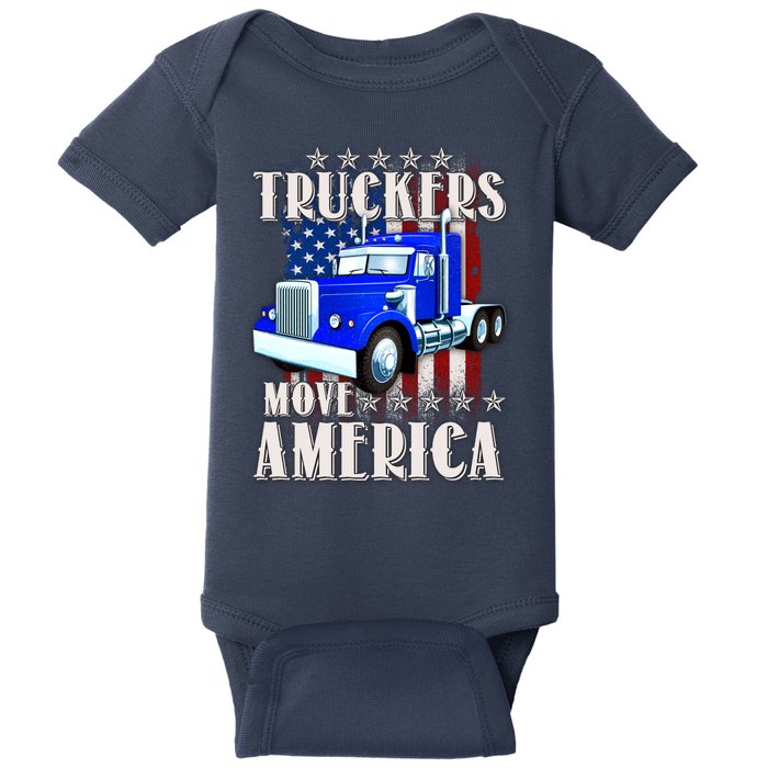 Cool Truckers Move America Semi Truck Distressed Flag Baby Bodysuit